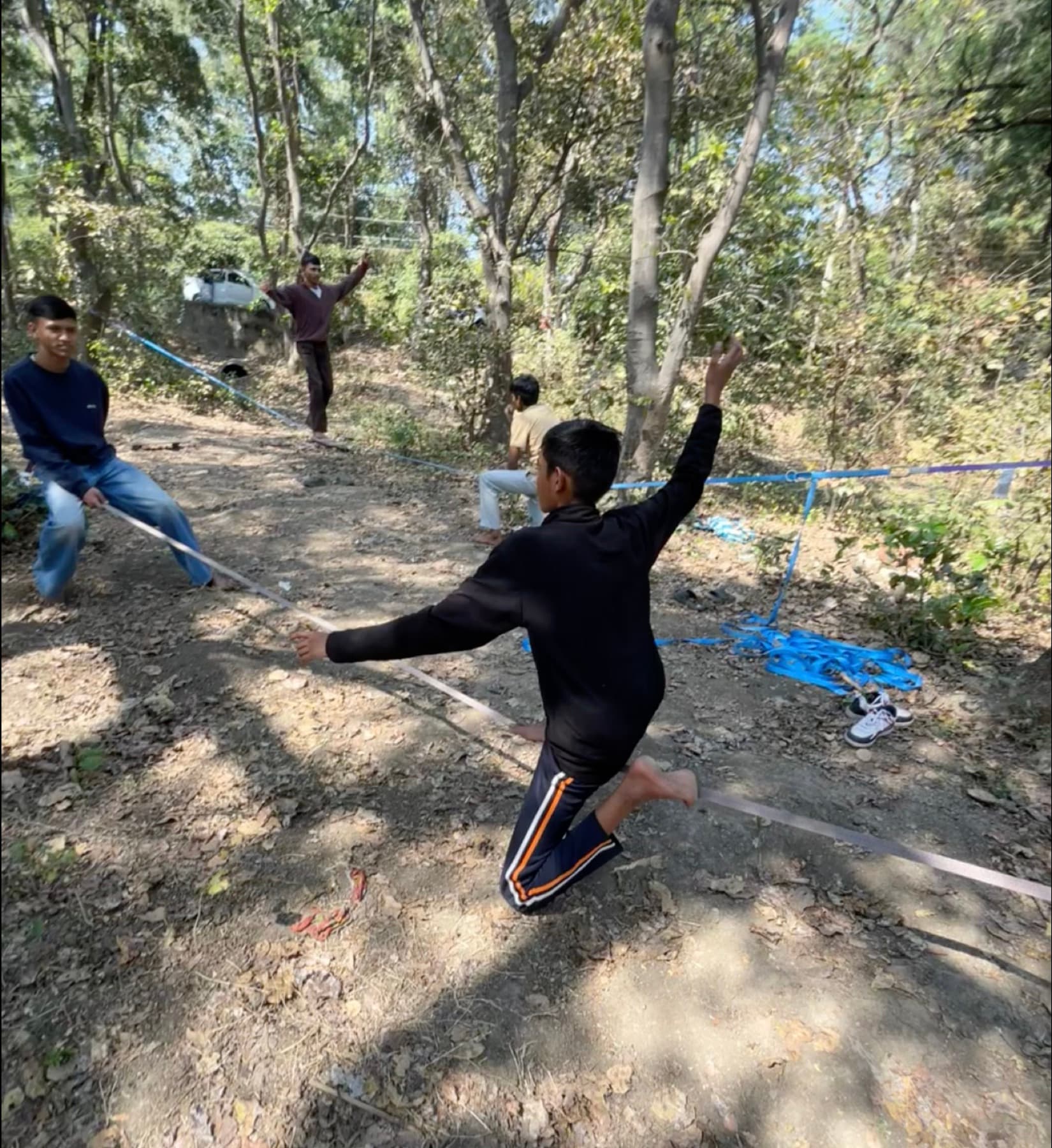 Junglee Crew practising balance and movement together on slacklines in Bhopal